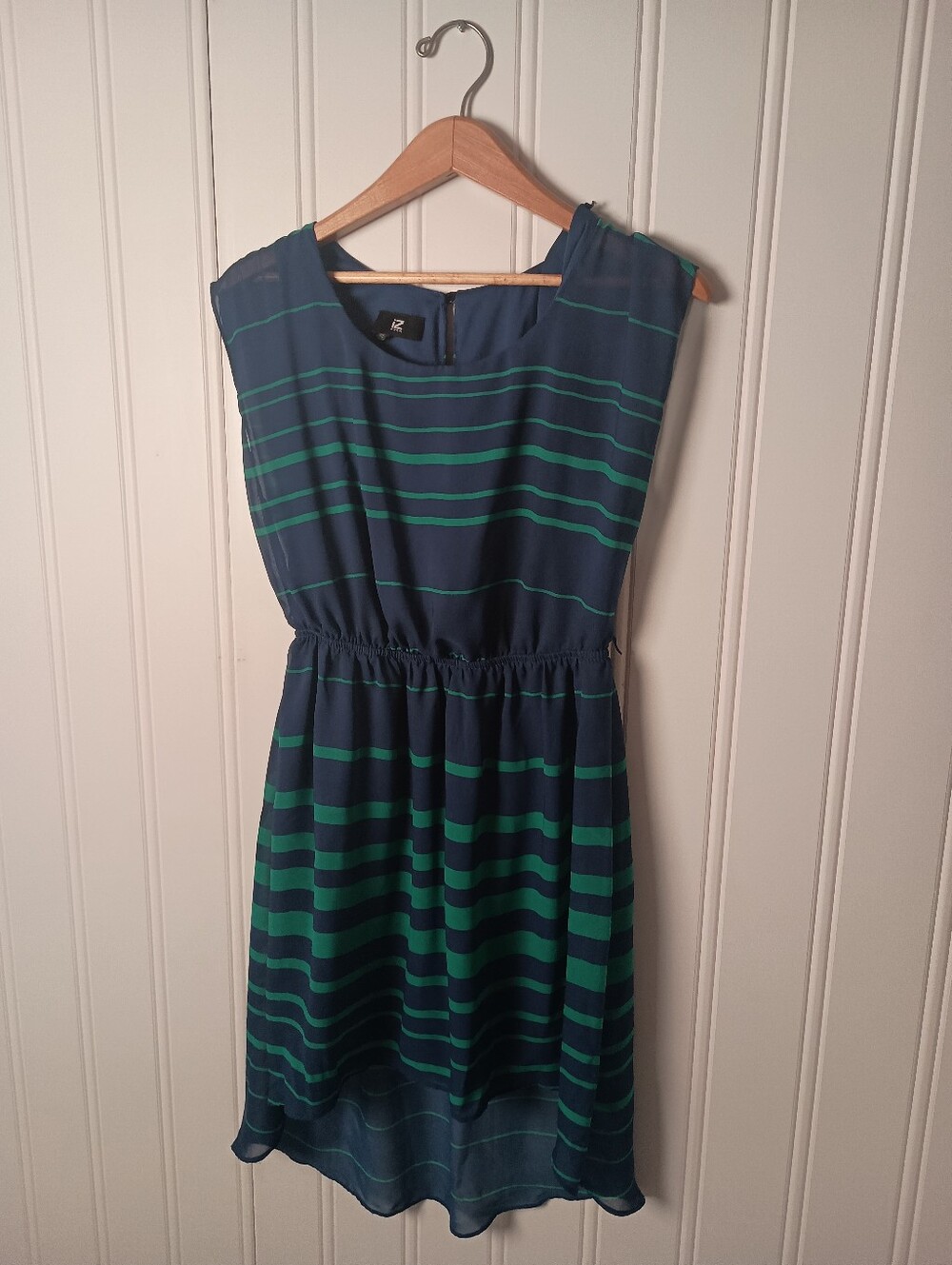 IZ Byer- Striped Navy and Green Sleeveless Waist-Elastic 80s Dress- Size M